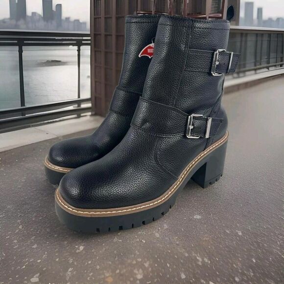 Blondo Reno Waterproof Black Leather Combat Boots US 8.5 M Buckle Block Heels - Picture 1 of 13